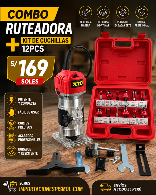 Combo Ruteadora + Kit De cuchillas fresadoras 12Pcs
