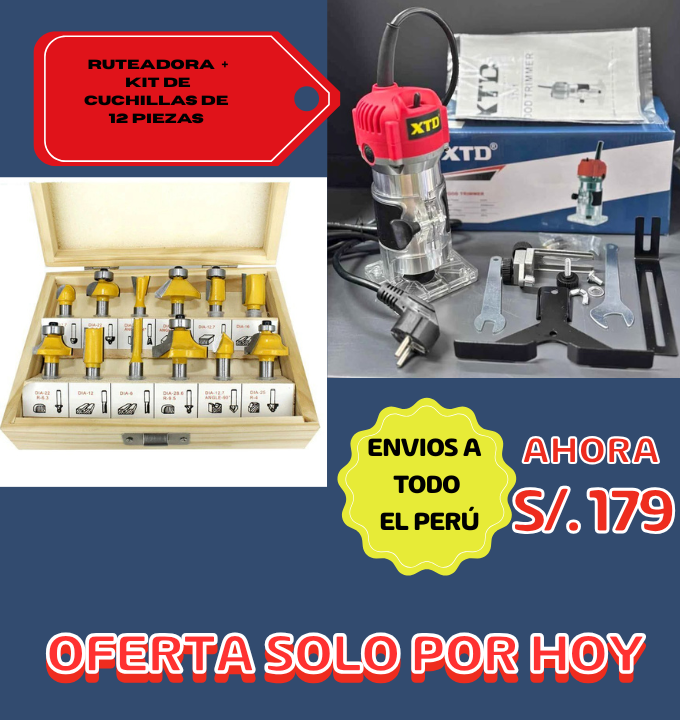 Combo Ruteadora + Kit De cuchillas fresadoras 12Pcs