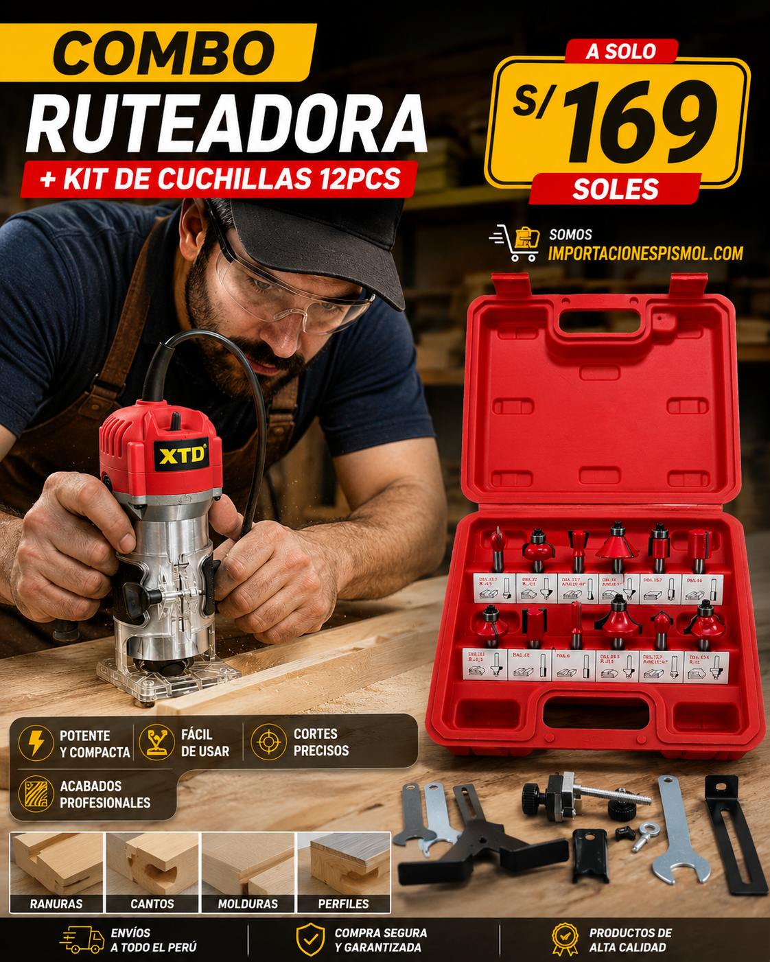 Combo Ruteadora + Kit De cuchillas fresadoras 12Pcs