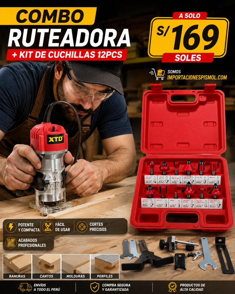 Combo Ruteadora + Kit De cuchillas fresadoras 12Pcs