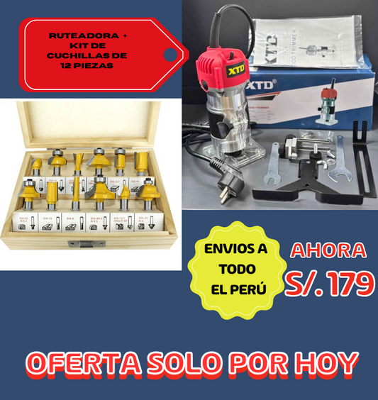Combo Ruteadora + Kit De cuchillas fresadoras 12Pcs
